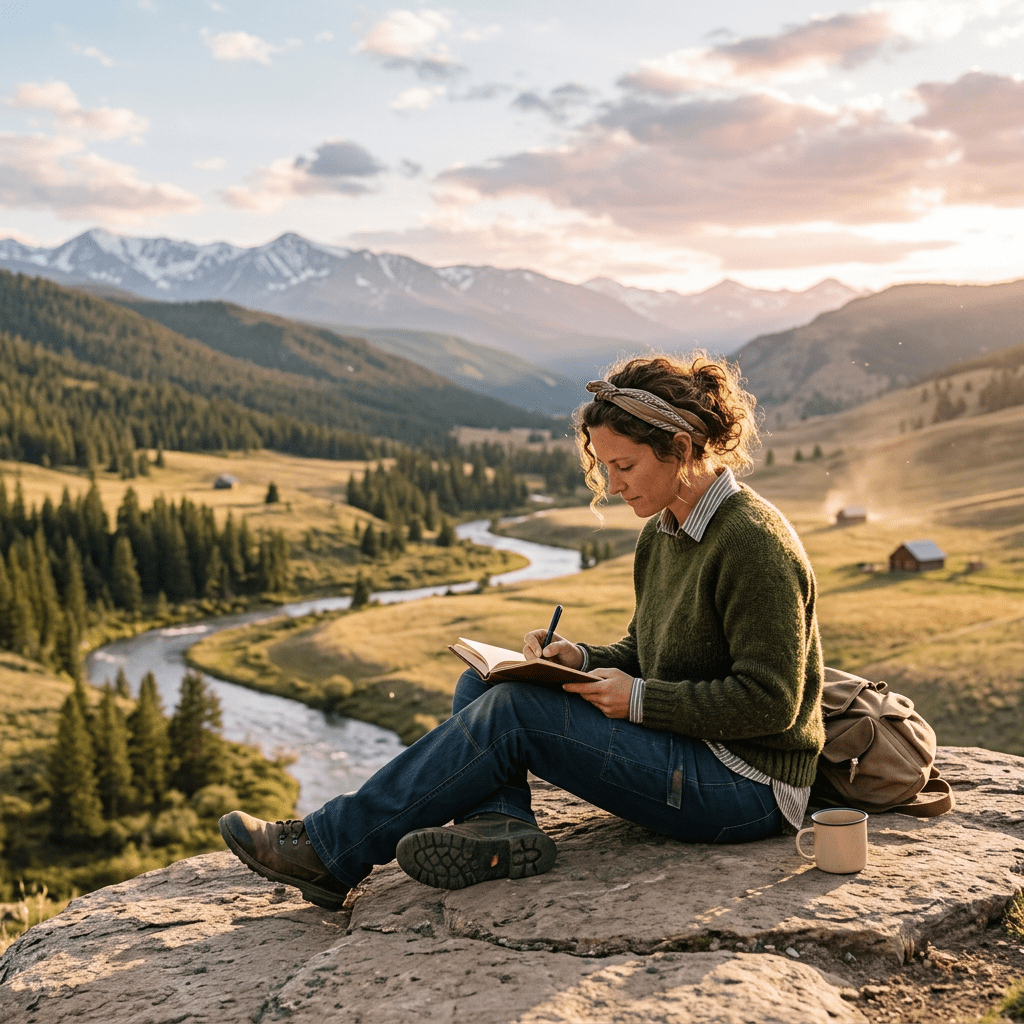 Person writing in journal sitting on rock near river in mountain valley