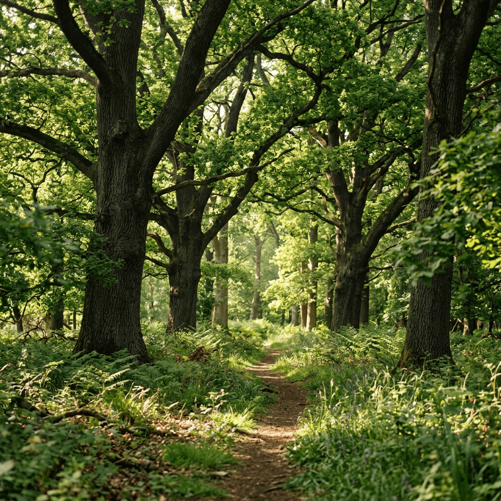A dirt path through a lush forest with large oak trees and green foliage